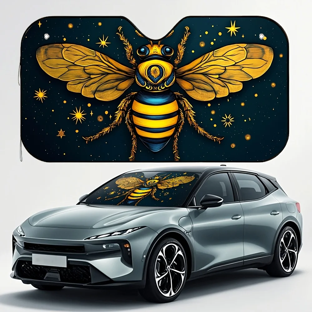 

1pc Vibrant Bee & Star Windshield Sunshade - Golden & Black Bees With Sparkling Stars Design, Universal Fit For All Vehicles, Ke