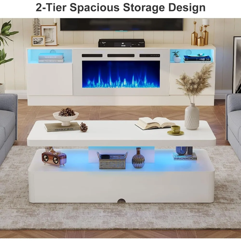 LED-Illuminated Rectangular Coffee Table, 47, 2-Tier Storage, 16 Color Options, Large Capacity Centerpiece