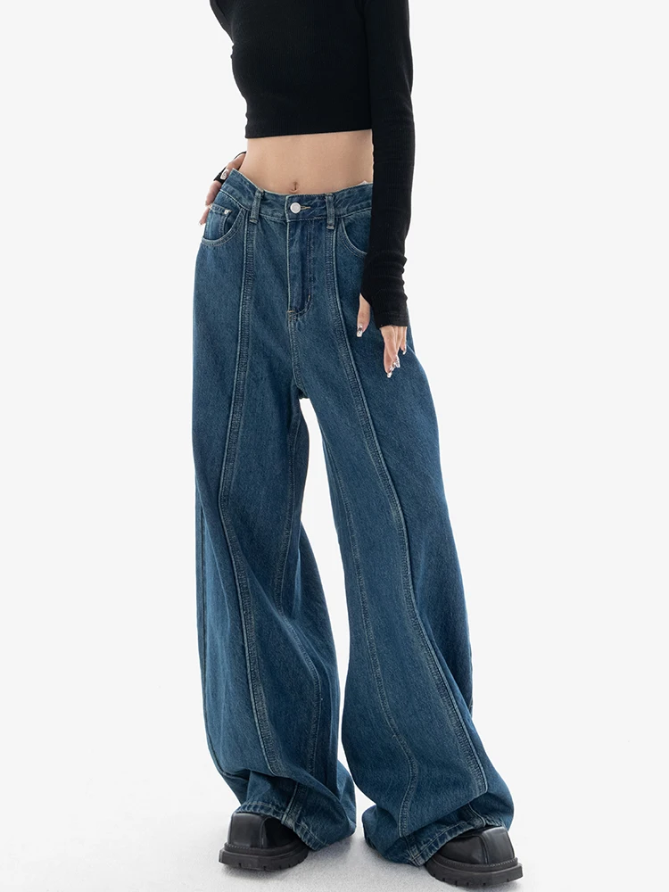 

Deep Blue High Waist Loose Straight Leg Jeans Women's Spring Autumn Style Casual Washed Natural Waist Denim Ladies Jeans
