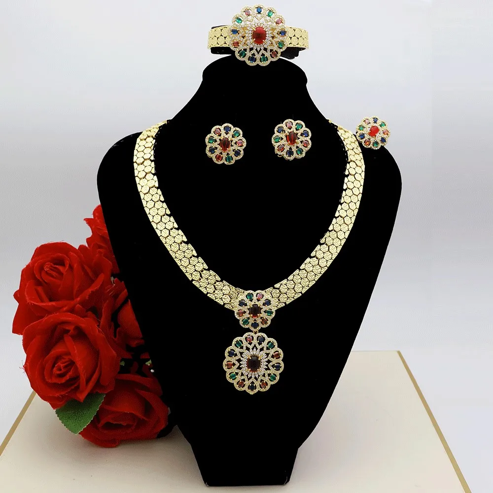 

Элитный ювелирный набор с позолотой 18K: изысканный дизайн, цветные кубические цирконы, ожерелье, серьги, кольцо, браслет