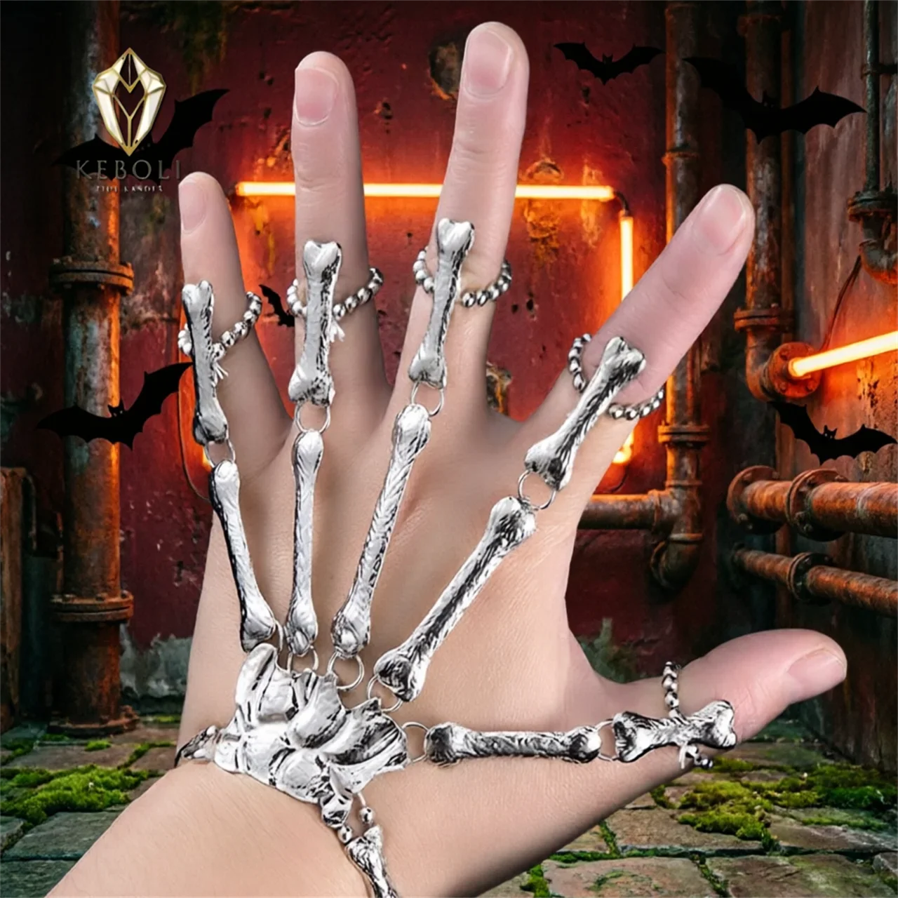 Gothic Punk Skeleton Hand Bracelet - Exaggerated Bone Finger Chain for Halloween Cosplay, Party & Nightclub Wear