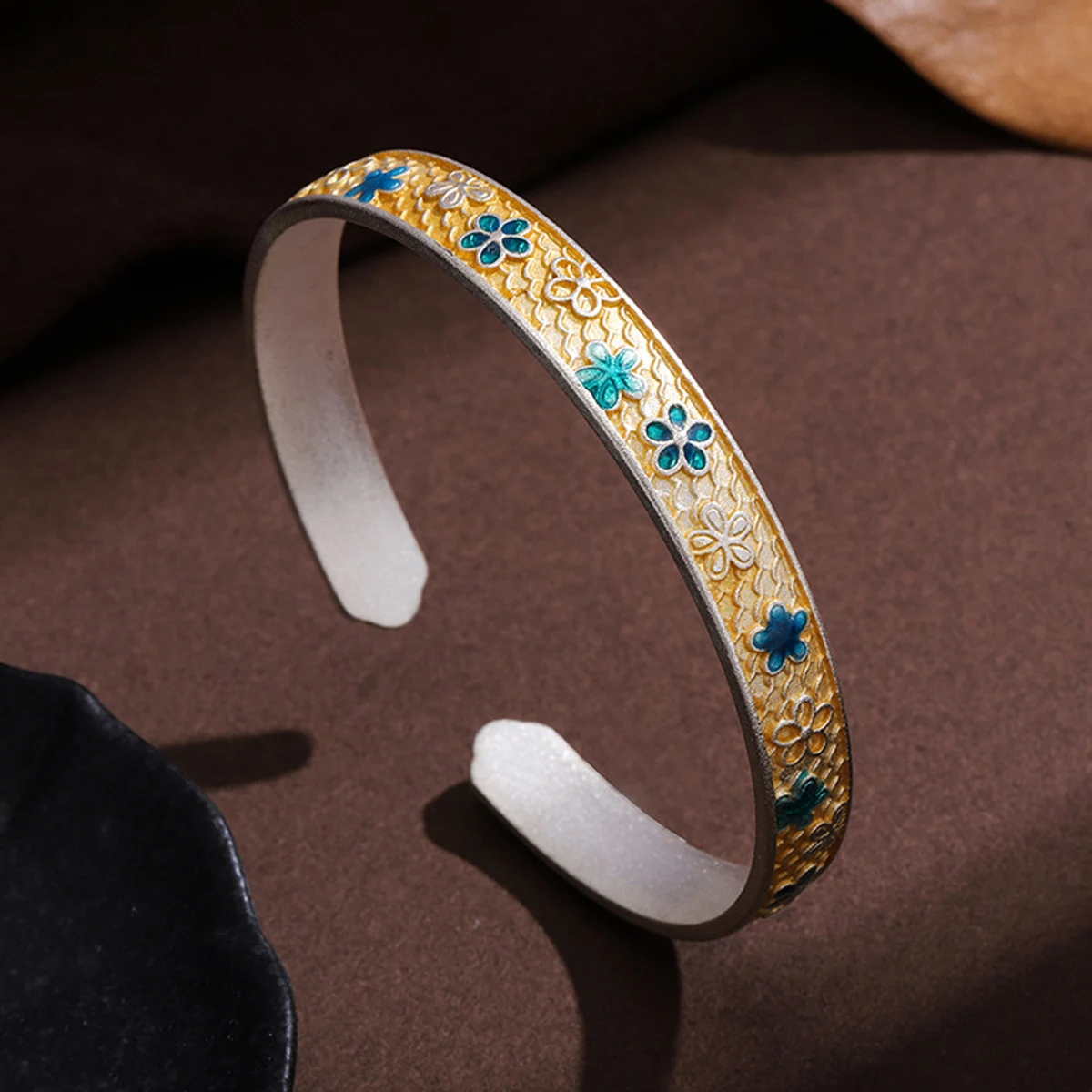 New Silver-plated Solid Retro Light Luxury Ancient Enamel Lotus Auspicious Cloud Sunflower Open Bracelet Ruyi National Tide Gift