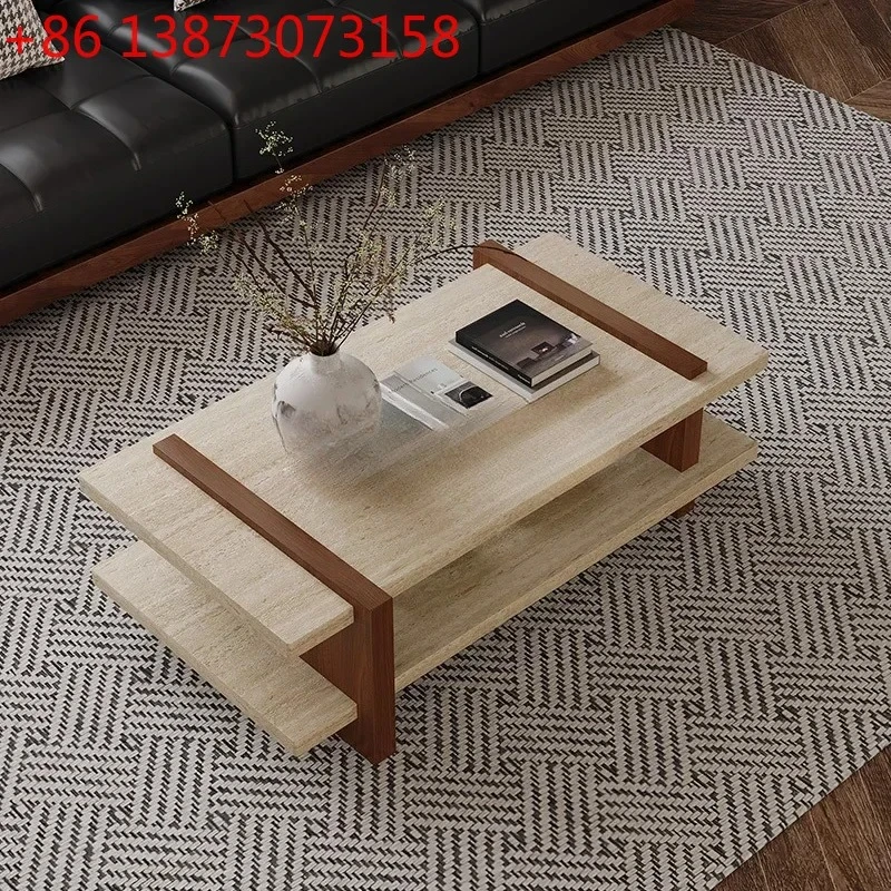 

Журнальный столик LJYWabi-Sabi в стиле ретро из натурального массива дерева и травертина для гостиной, минималистичный низкий столик