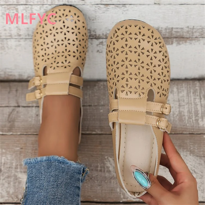 Women Spring Summer New Flat Bottom Hollow Breathable Shoes Fashion Soft Bottom Lazy Man Baotou Slippers Ladies Single Shoes