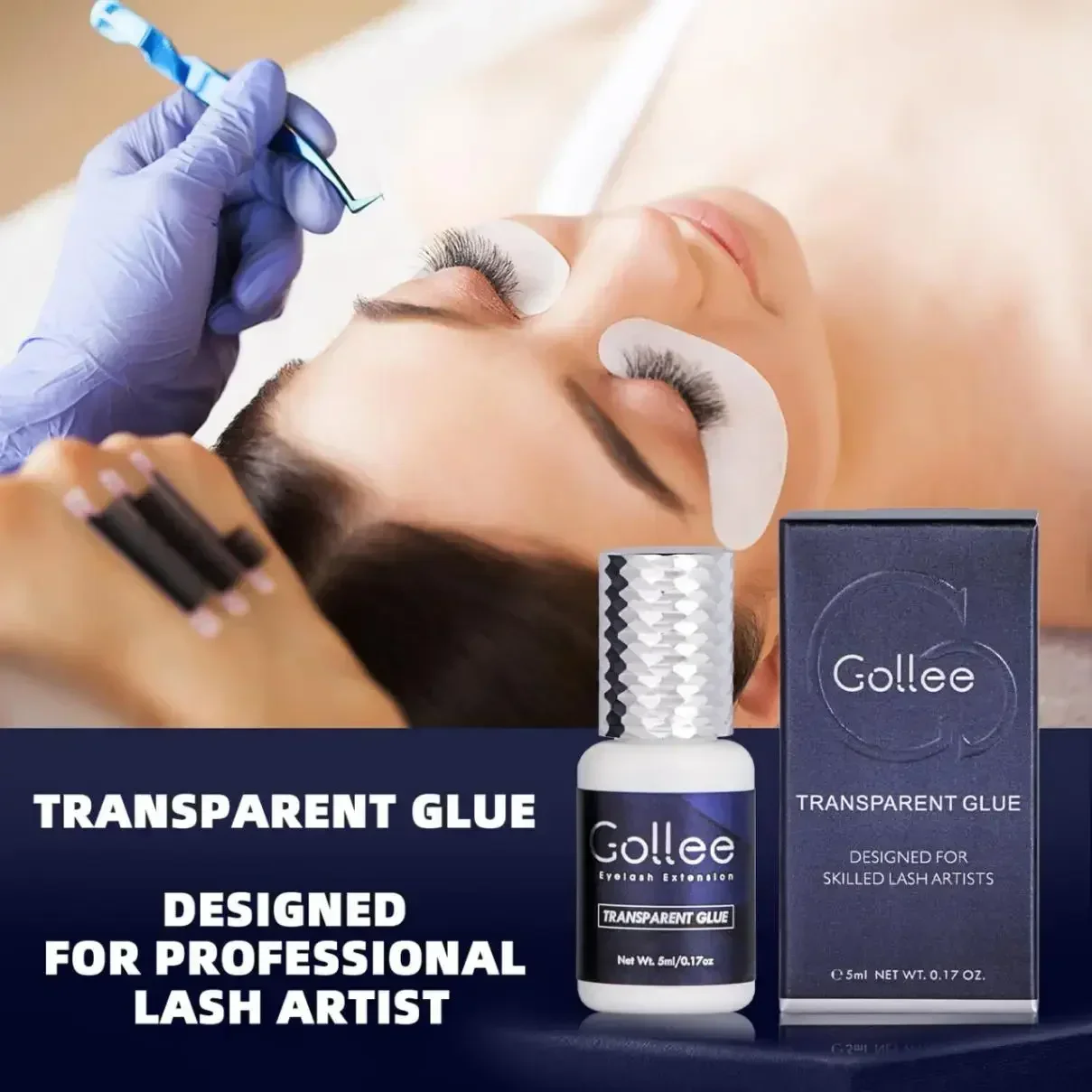 Gollee Clear Eyelash Extension Glue Transparent Adhesive 1s Drying time 6 Week Retention Strong Lash Glue for Professional Use