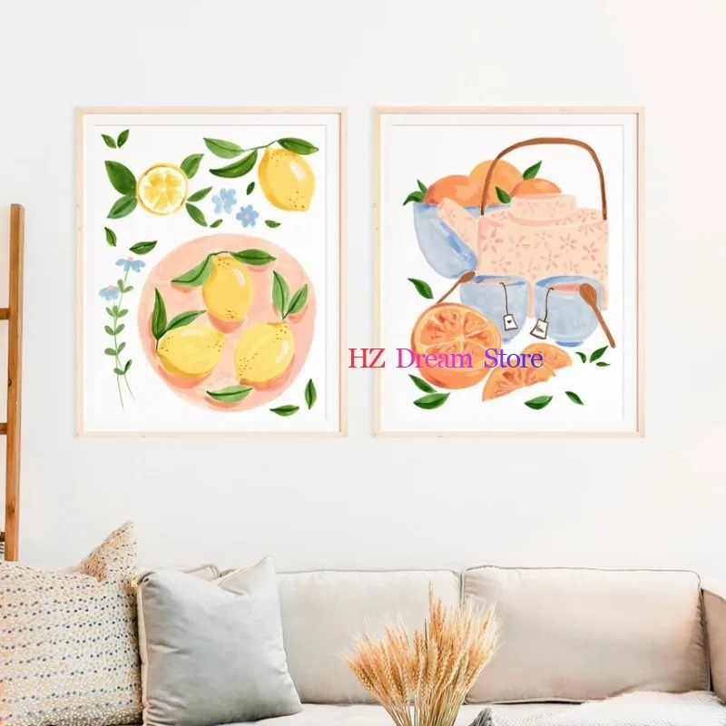 Fruit Illustration Bananas Mango Oranges Peaches Posters Prints Canvas Paintings Wall Art Picture for Kitchen Dining Room Decor