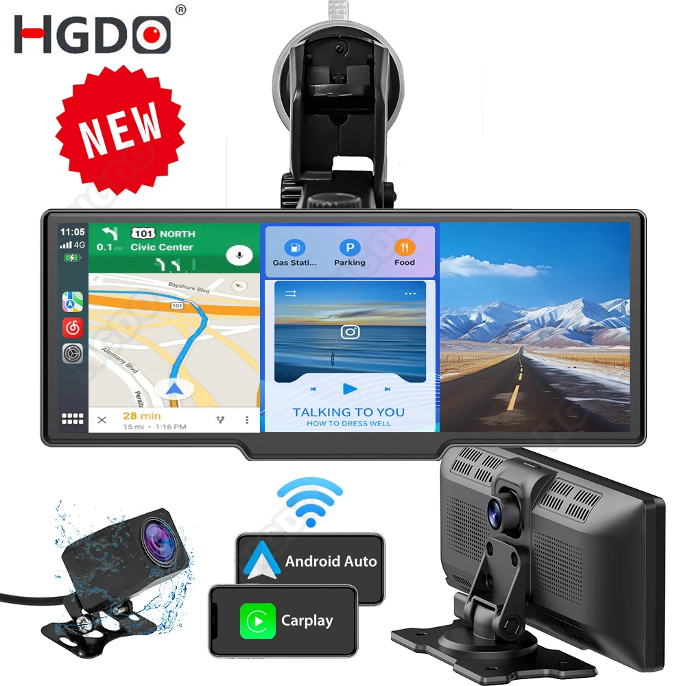 HGDO 4K Wireless Carplay Car Stereo Dash Cam Mirror Android Auto DVR with Backup Camera Bluetooth GPS Navigation  Radio Receiver