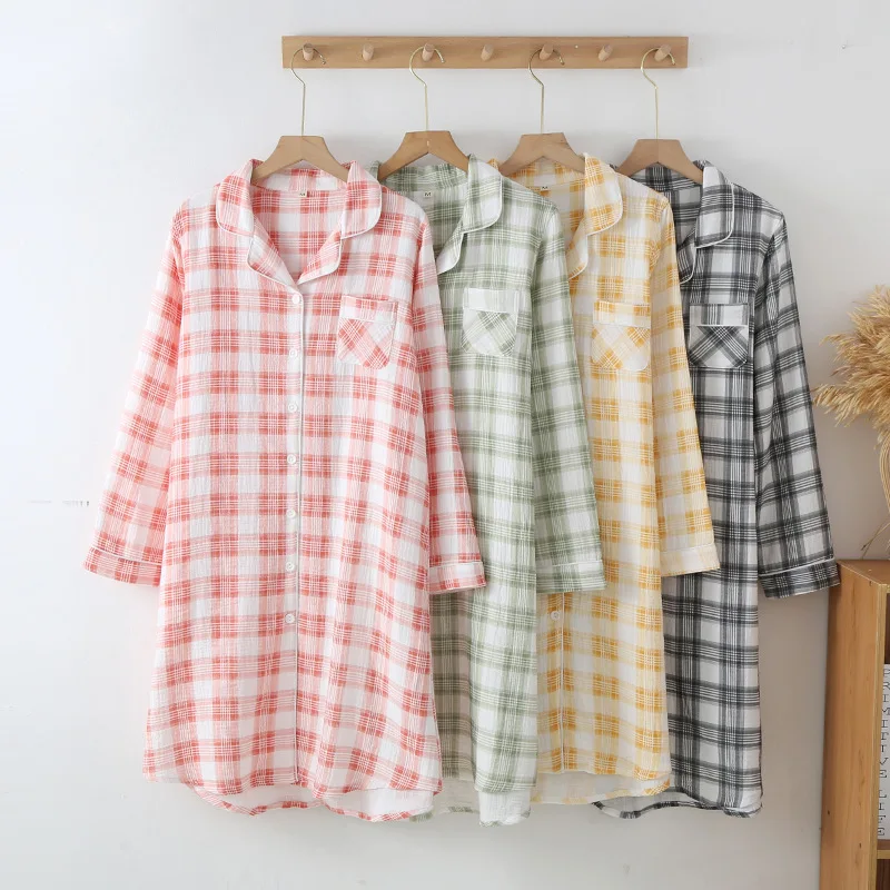 Spring / Autumn Plaid Sleepshirts Double-layer Gauze Cotton Women\'s Home Clothing Thin Long Sleeved Casual Lapel Pajama Skirt