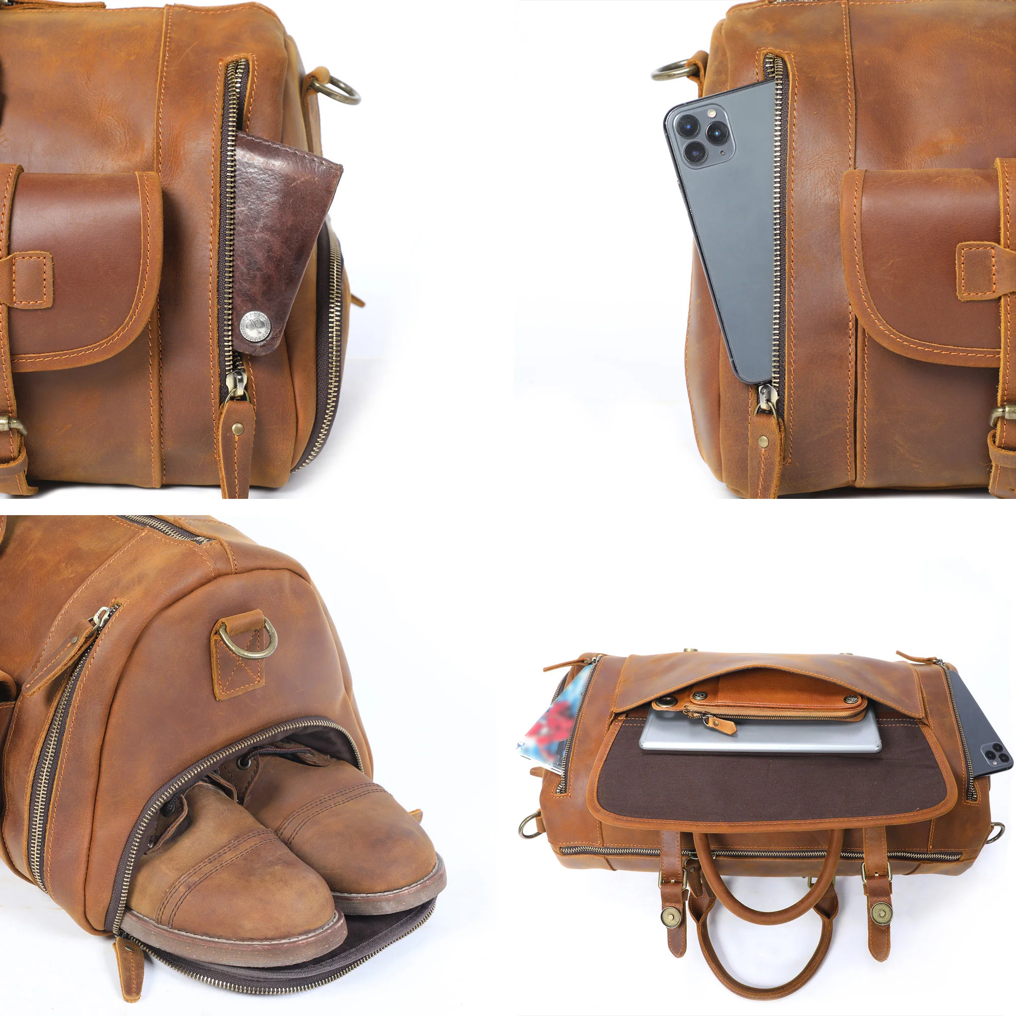 S.WORKER Luxuriöse Reisetasche aus Vollnarbigem Rindsleder im Vintage-Stil, Große Handgepäcktasche – Detail 31