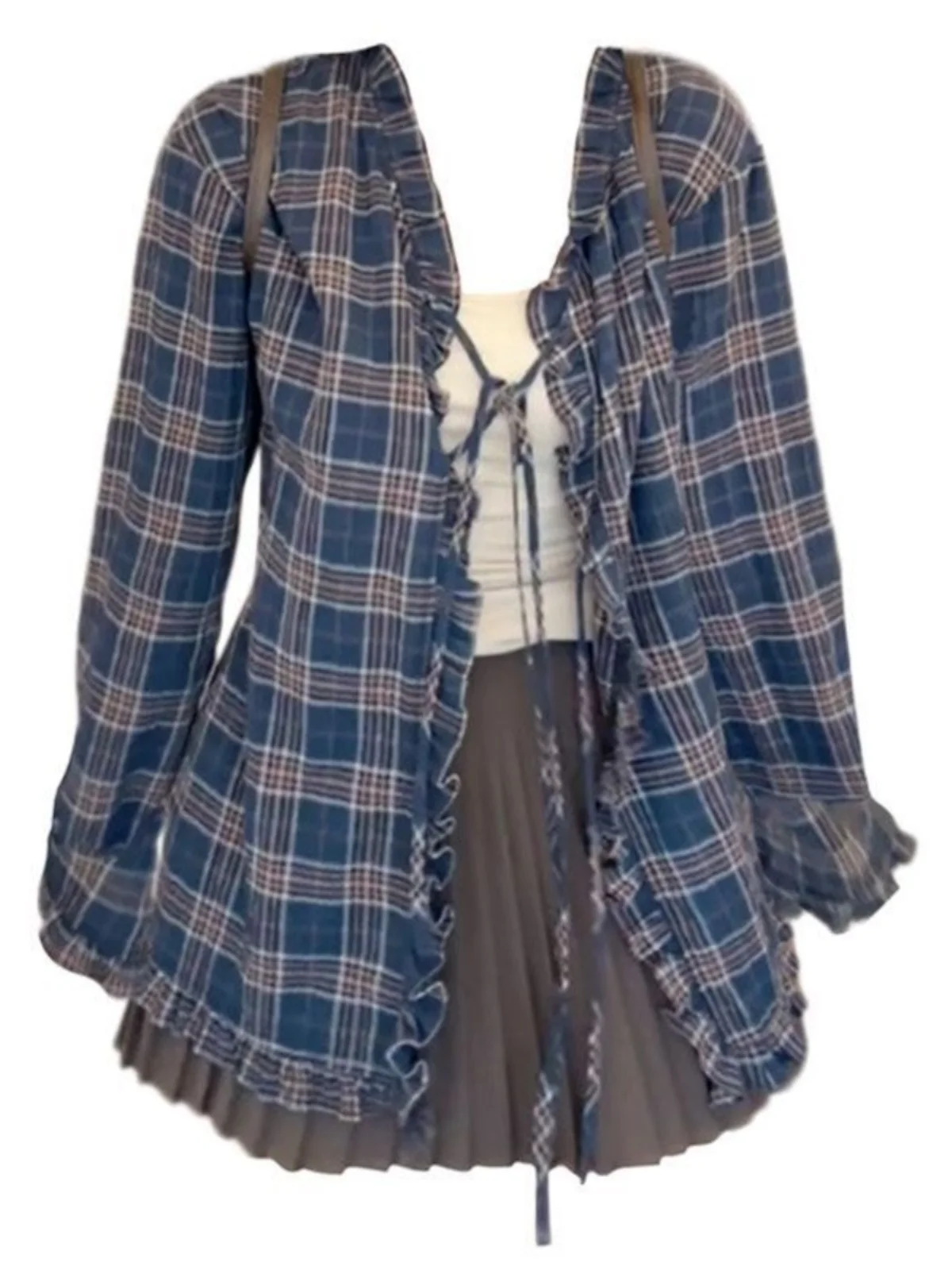 

plus Size Lazy Sle Plaid Splice Long Sve irt Strap Skirt Spring Autumn Set for Young Women 8-25 Years Old