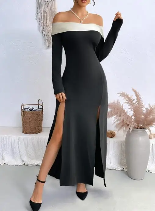 

Women's Dress 2025 Fashion Autumn New Item Elegant Hot Girl Light Formal Dress Long Skirt One Necked Slit Long Sleeved Dress