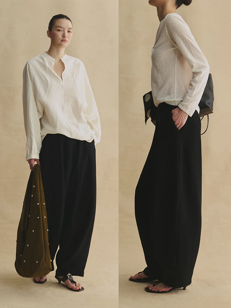 

Новые черные брюки-баллоны 3D из льняной смеси плотного плетения, струящиеся, повседневные, женская мода Весна 2026