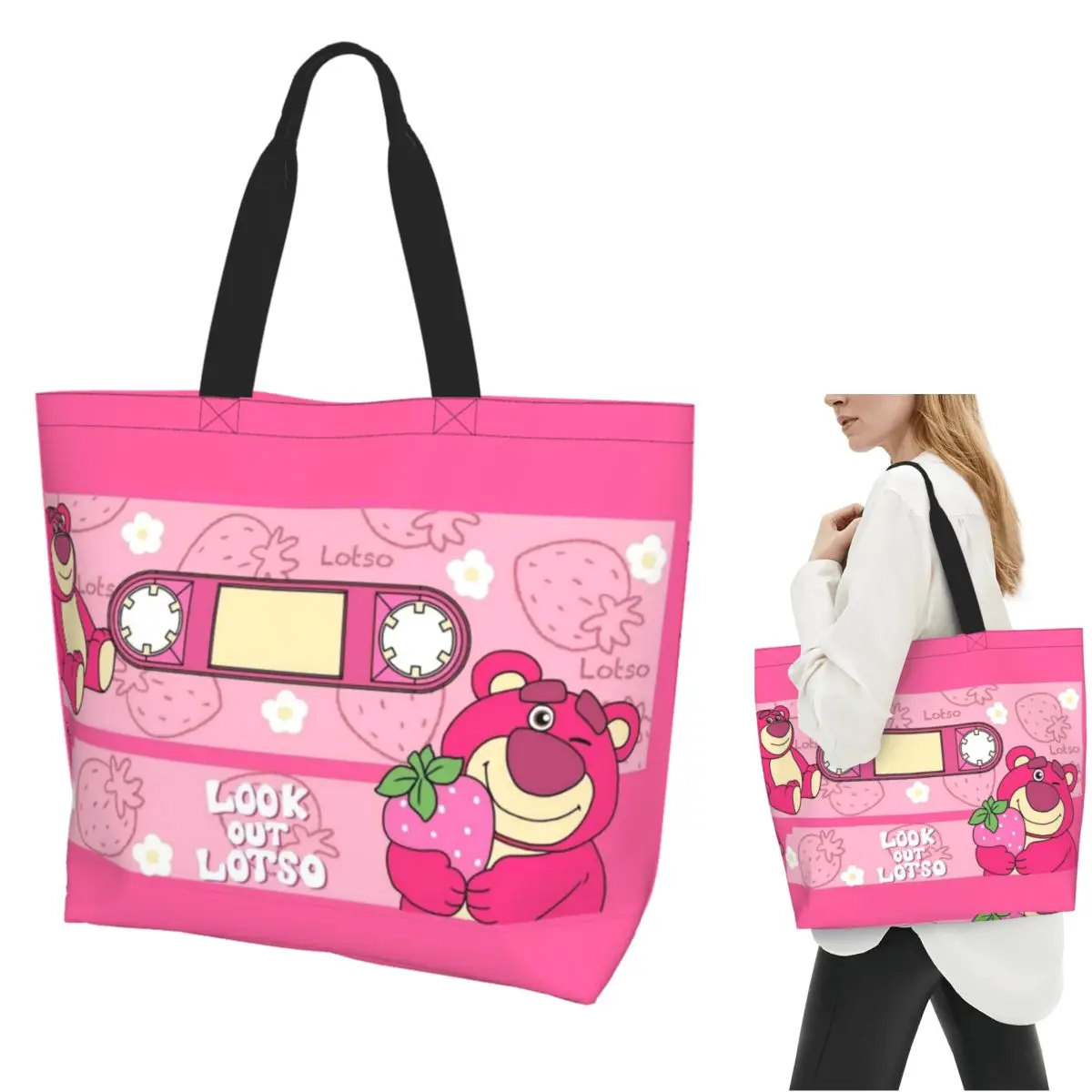 

Strawberry Bear Cartoon Shopping Tote Bag Canvas Large Capacity Shoulder Bags Shopper Grocery Handbag for Women
