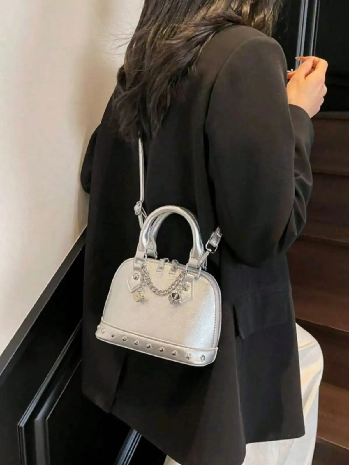 Silver PU Punk Rivet Chain Shell Bag - Mini Clutch/Underarm Bag for Shopping & Commuting