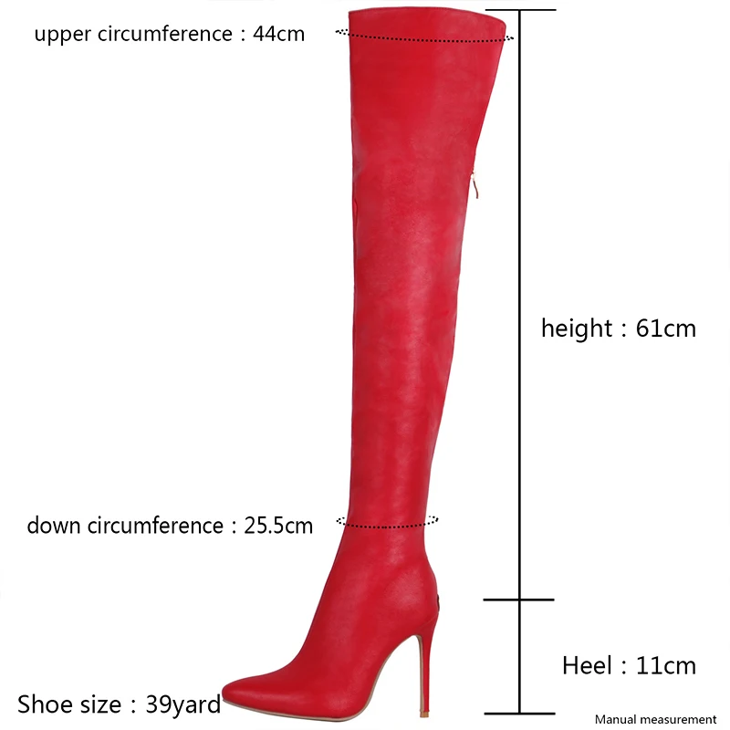 Red Thigh Boots Sexy 11cm High Heels Women PU Leather Over-the-Knee Boots Lady Zip Pointed Toe Autumn Winter Shoes Large Size 46