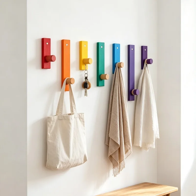 Solid Wood Hanging Hooks Entrance Hall Cute Colorful Wall Clothes Hanger Home Creative Minimalist Keys Hanger Interior Decor