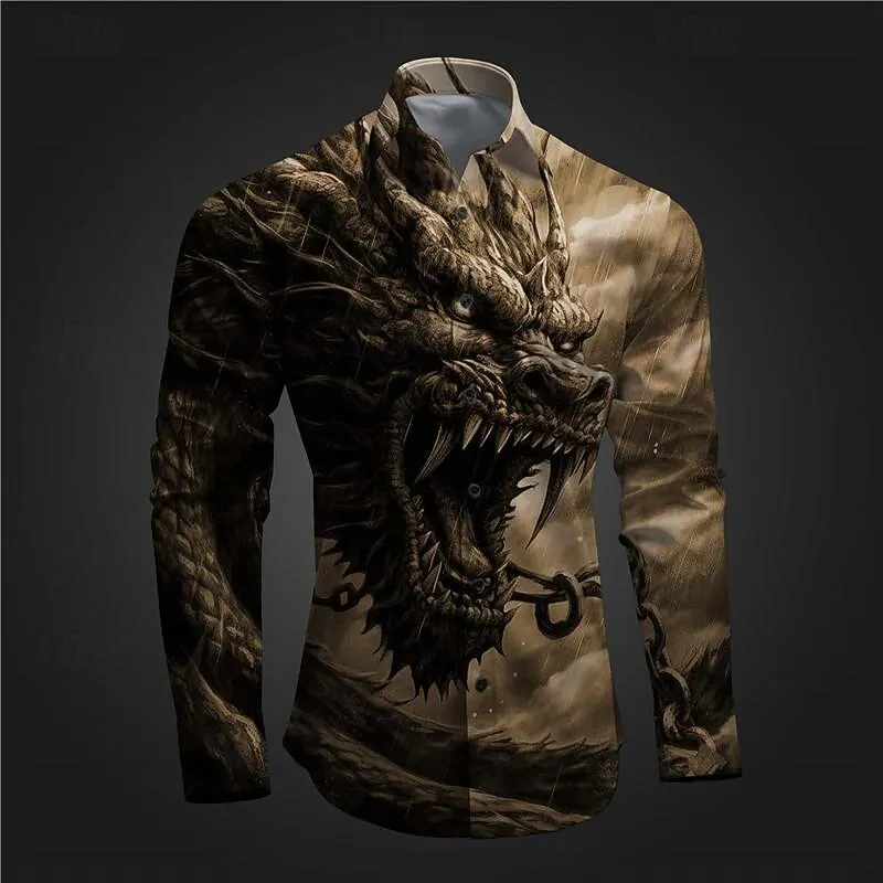 Vintage Men's Dragon Graphic Long Sleeve Shirts Cool Creative Lapel Button Casual Clothes Autumn Breathable Quick Drying Clothes
