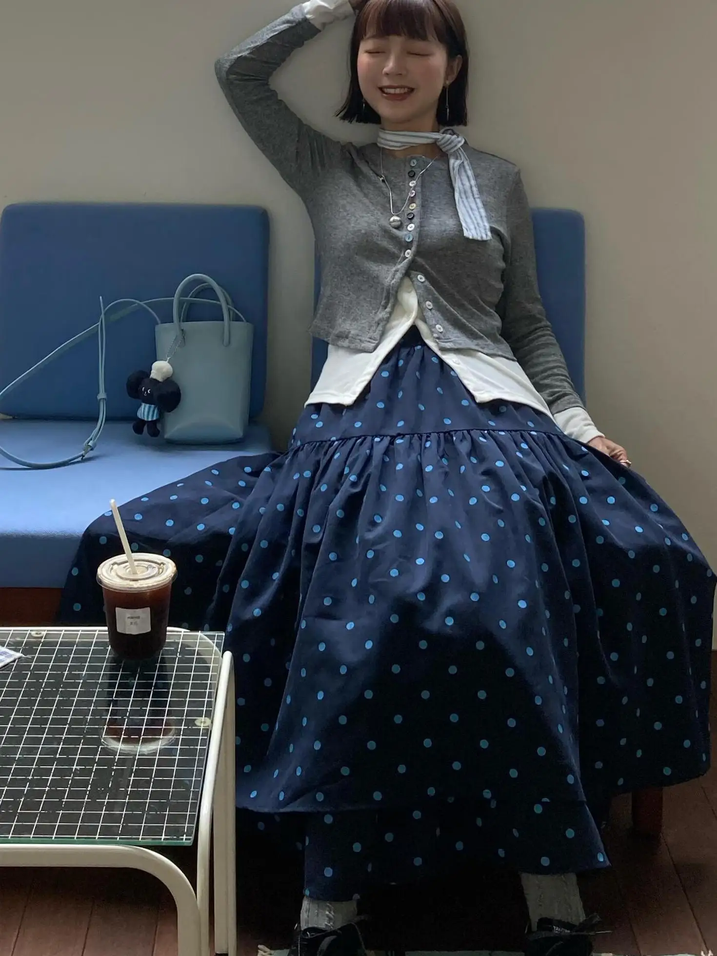 벨벳 느낌의 물방울 무늬 프린트 스커트 와이드 헴 루즈 더블 레이어 여성용 가을 겨울 패션 캐주얼 미디 스커트