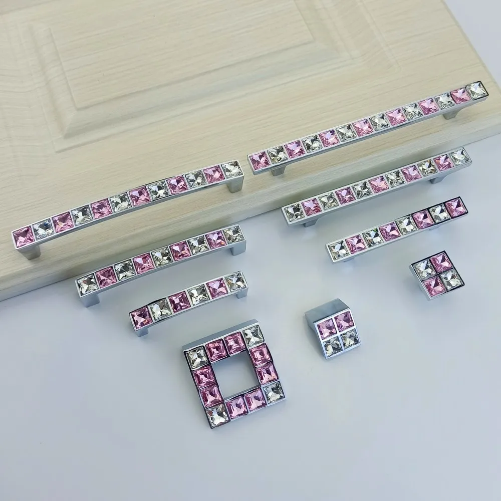 Super Shiny Real Crystal Glass Knob Diamond Pink Handle For Furniture Door Drawer Knob Wardrobe Kitchen Cabinets Cupboard Pulls
