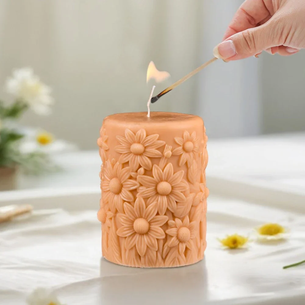 Relief Daisy Pillar Silicone Mold for Scented Candle Tulip Cylinder Gypsum Soap Moulds Flower Geometry Party Decor Gifts for Mom