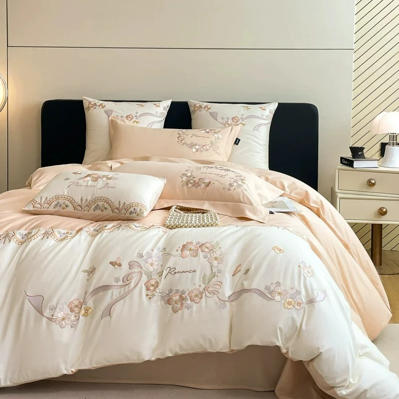 Bedroom Simple 160 Thread Count Pure Cotton Four Piece Set Long Staple Cotton Duvet Cover Bed Sheet Embroidery Bedding