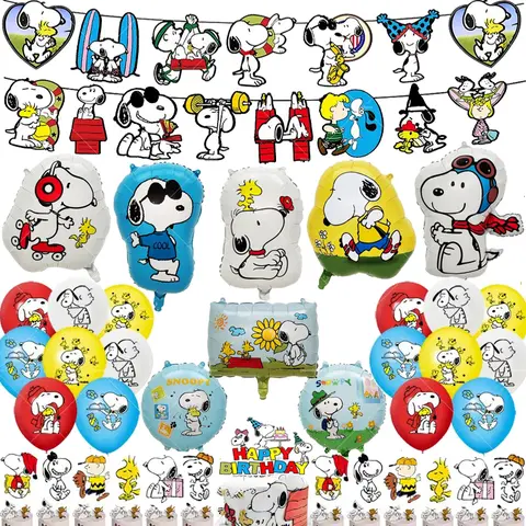 Ballon Snoopyed chien de dessin animé, bannière joyeux anniversaire, décoration de fête, thème animal de compagnie, fournitures de décoration de gâteau, vaisselle jetable, toile de fond