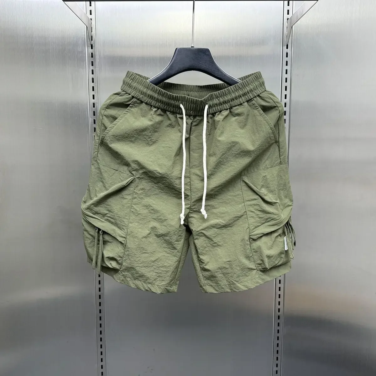 With Pockets Loose Short Pants for Men Bermuda Long Elastic Waist Solid Mens Cargo Shorts Draw String Baggy Wide Half Clothing