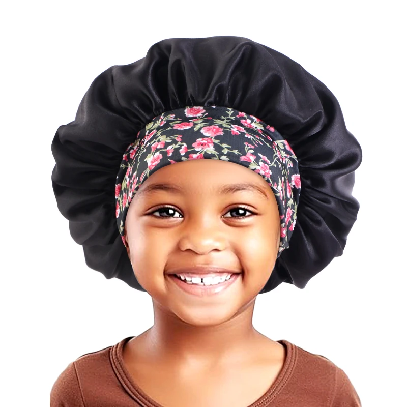 Baby Kids Sleep Cap Hair Cover Bonnet Nuit Satin Flower Printing Ankara Turban Hat Night Sleep for Curly Hair Beanie Chemo Cap