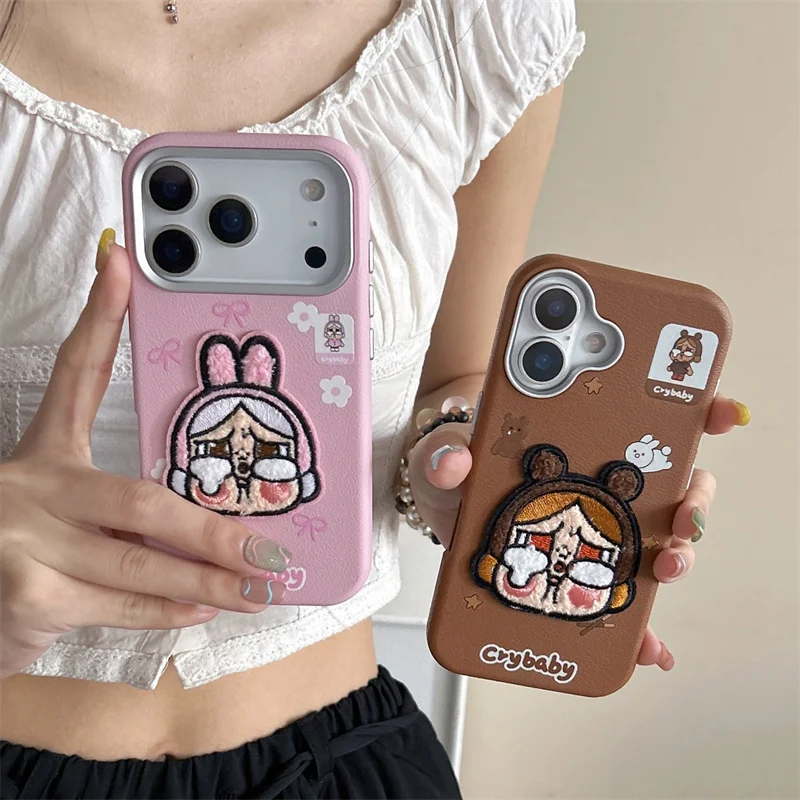 

Embroidery Cute Cartoon Leather Phone Case For iPhone 17 Pro 15 16 Pro Max 14 Protective Cover Shockproof Cases Lovely Capa