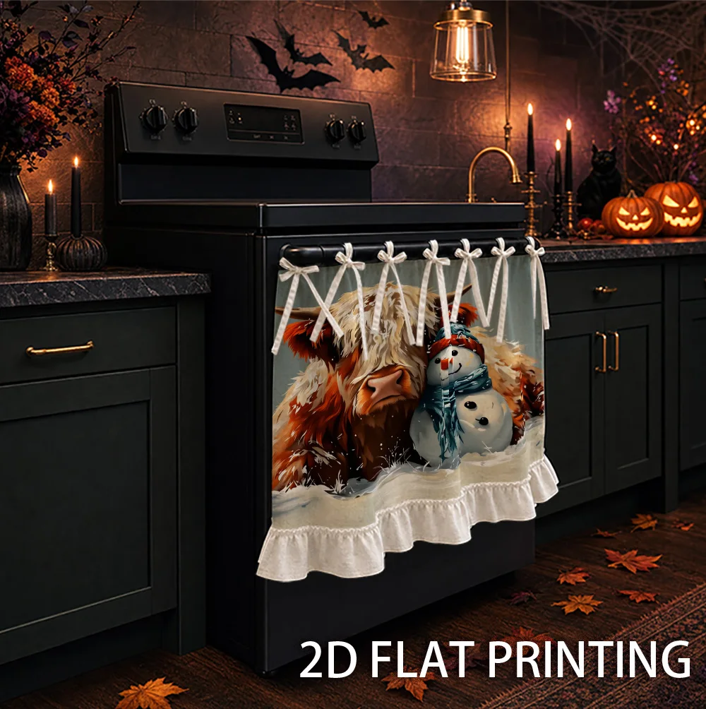 1PC kitchen stove curtain, cabinet curtain and apron. Featuring a 2D graphic design featuring a highland cow and a snowman in th