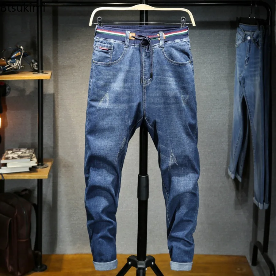 Large Size 8XL Men Ripped Jeans High Stretch Straight Casual Pants Comfortable Cotton Drawstring Denim Pants Male Baggy Trousers