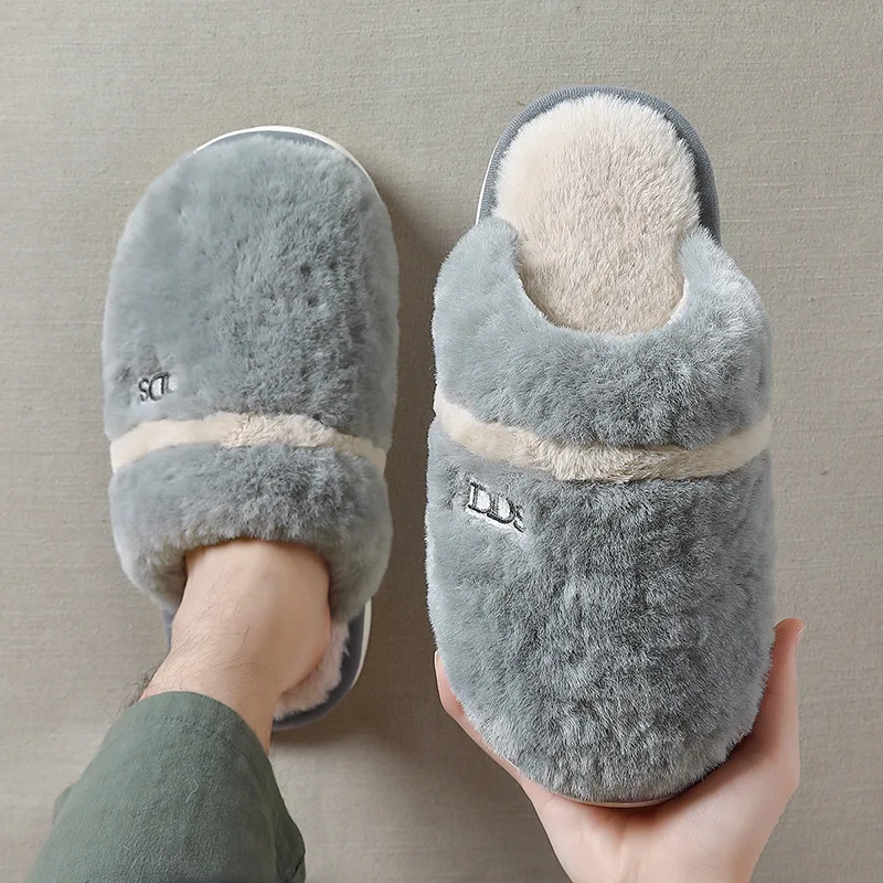 Couple bow cotton slippers women's winter home household cute plush warm non-slip bedroom fluffy Thick Bottom slippers men
