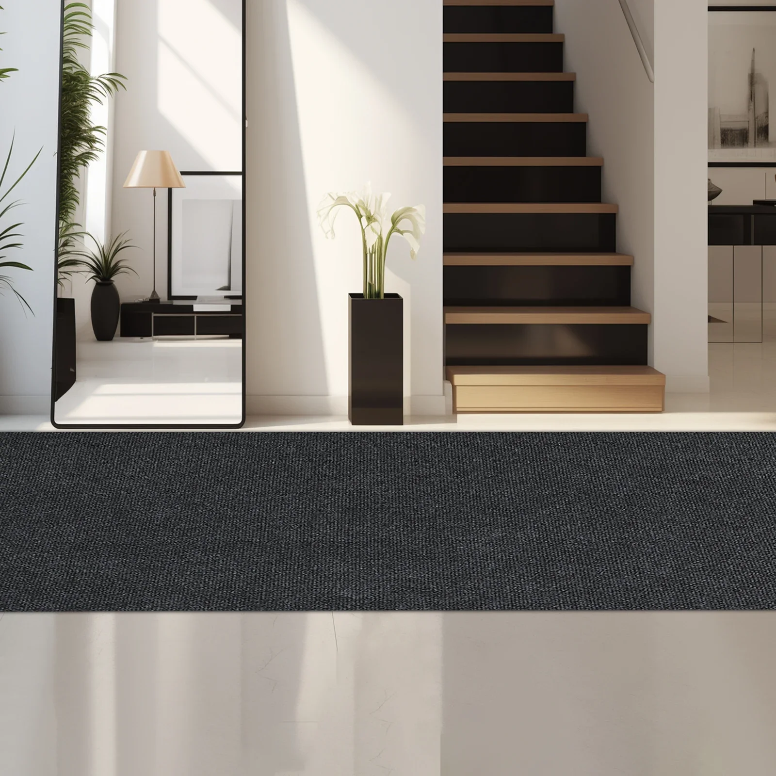 

Dark Gray Striped Indoor/Outdoor Floor Mat(9.84x3.94ft)—Polyester+TPE(Water/Oil-Absorbent), Anti-Slip Bottom, Free Cutting