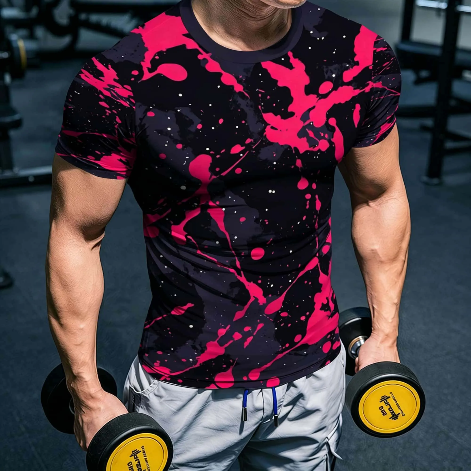 Hip Hop Streetwear Short Sleeve T-shirt Skinny Stretch Soft Summer Fashion Casual Athletic Tops Neon Pink Paint Splash Print Tee