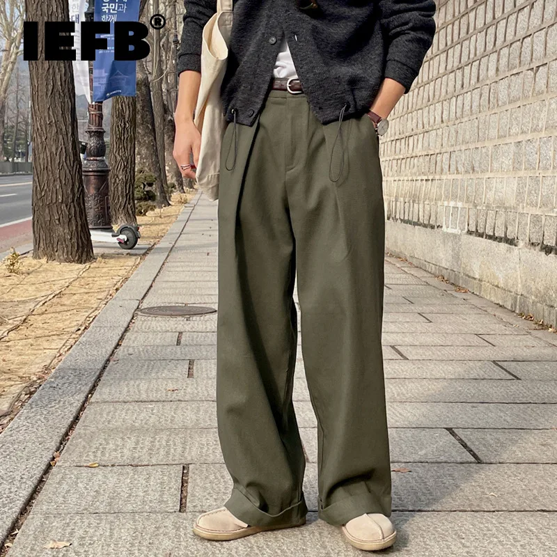 

IEFB Korean Style Loose Men's Casual Pants Straight Wide Leg Solid Color Male Trousers Zippers New Stylish Summer 2024 9C6234