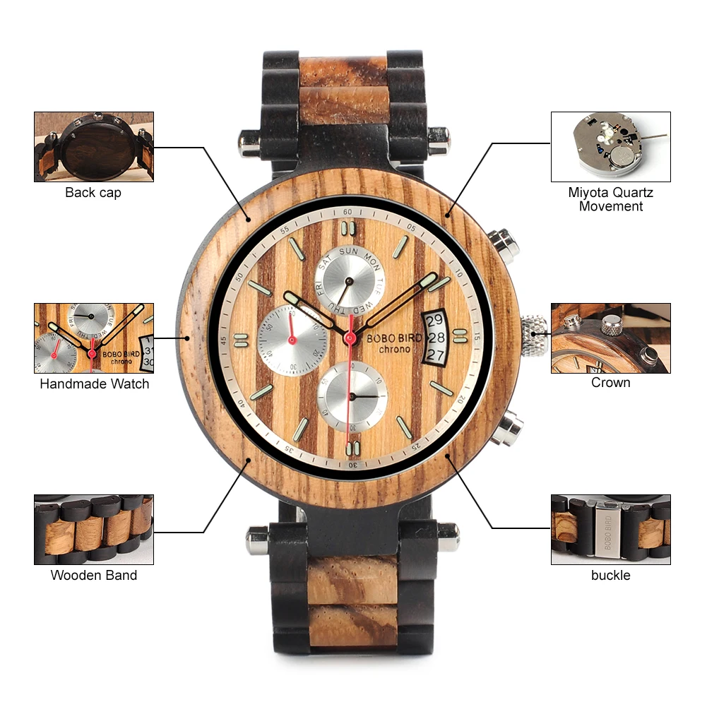 Men Watches BOBOBIRD Luminous Hand Wood Wrist Watch Chronograph relogio masculino With Wooden Box reloj hombre V-S18