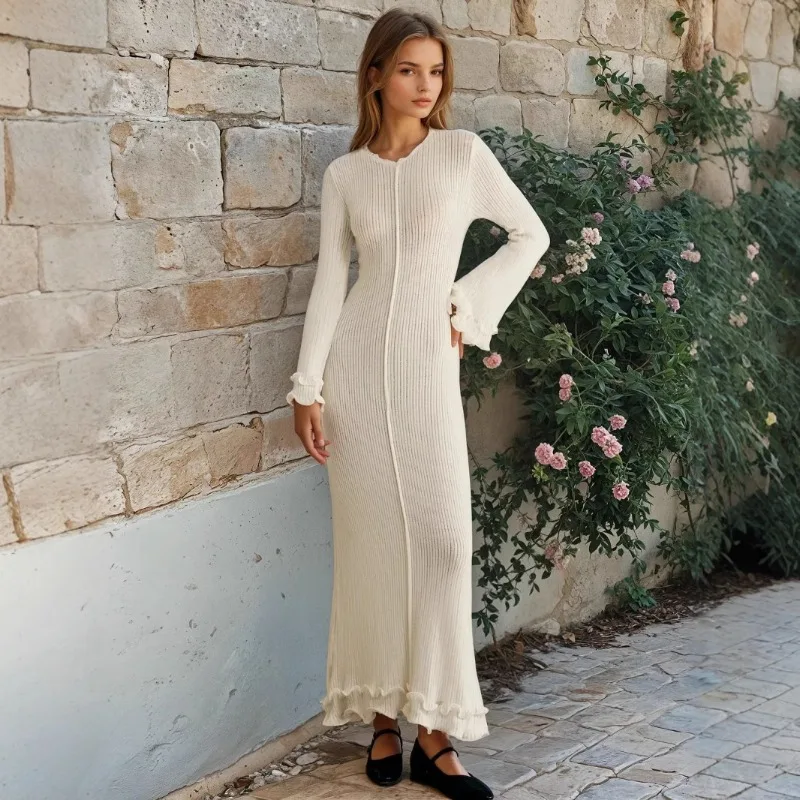 

Tuularose Round Neck Knit Dress Ruffle Long Sleeve Solid Long Dress Elegant Casual Commuter High Street Female Long Dresses