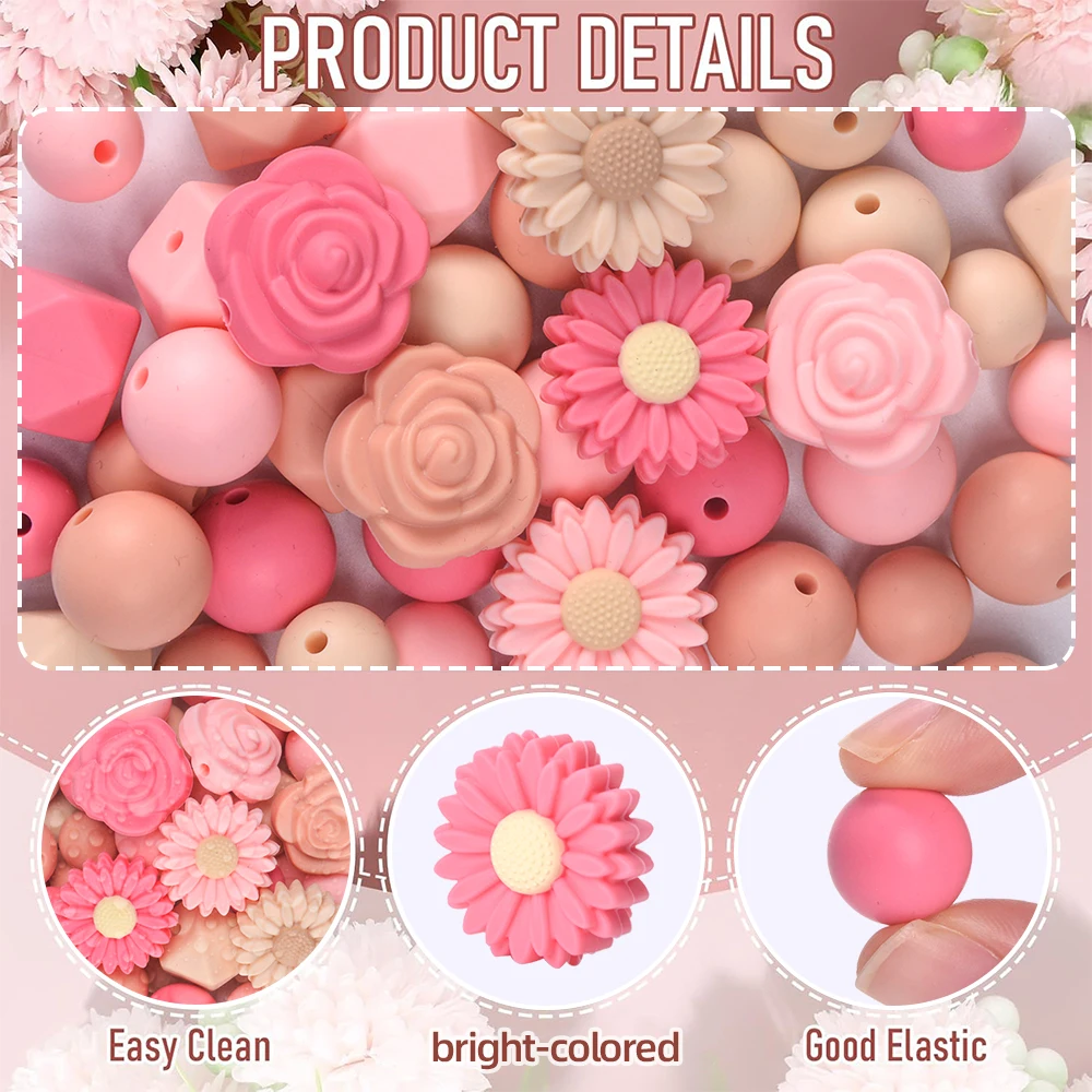 LOFCA 50pcs Soft Silicone Flower Round Teething Beads Mixed Set For DIY Bracelet Necklace Jewelry Crafting accessories Wholesale view 3
