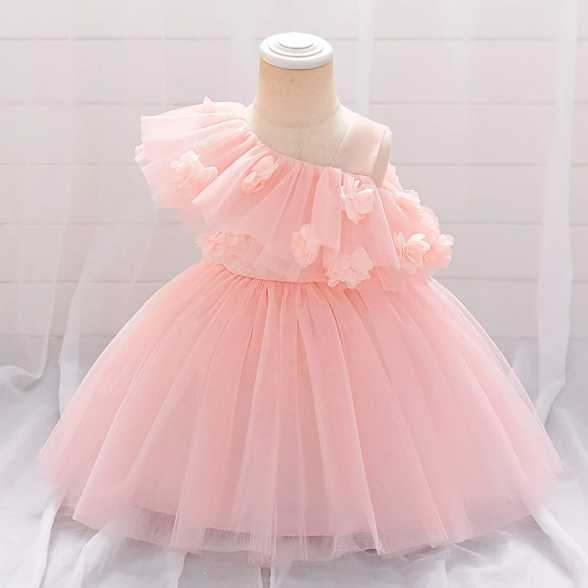Girls Sloping Shoulder Floral Mesh Ball Gown Birthday Party Emcee Piano Violin Concert Festival Performance Princess Dress ASQ03