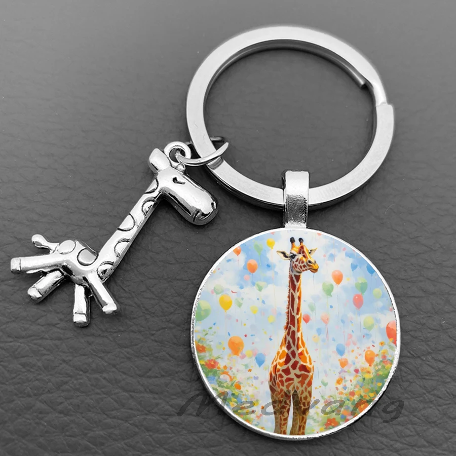 2024 Cute cartoon deer keychain fashionable colorful giraffe glass dome women\'s keyring car keychain jewelry gift