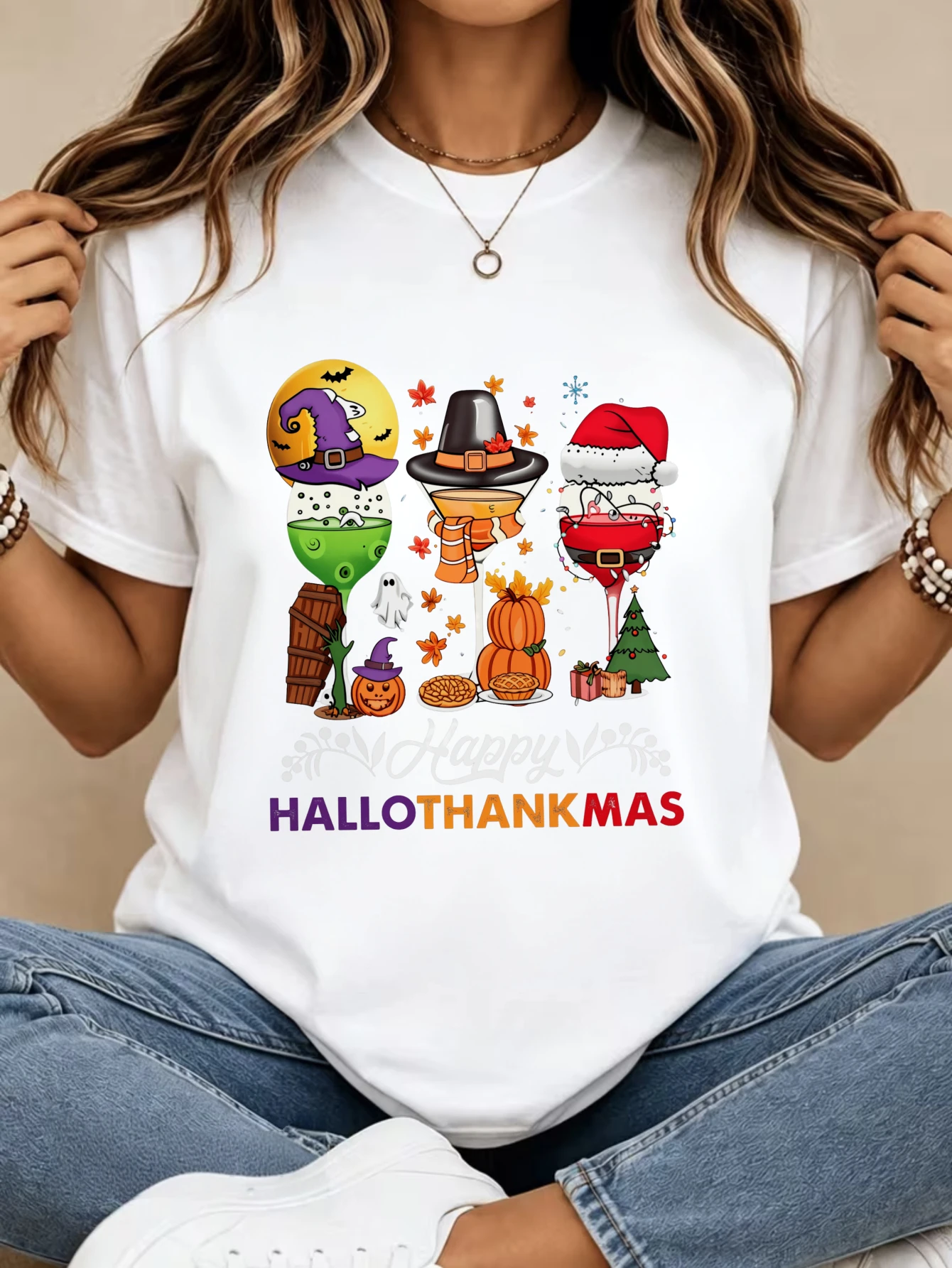 Hallothankmas T Shirt Pumpkin Witch Santa Wine Glass Print Casual Short Sleeve for Women Holiday Party Daily Wear Festive Top