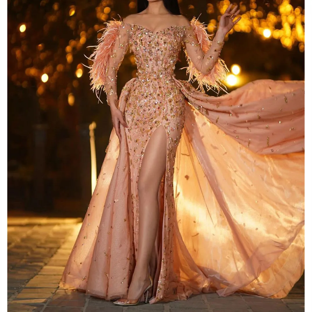 Exquisite Mermaid Evening Dresses Long Feather Sleeves V Neck Sequins Beaded Diamonds Appliques Side Slit Prom Dresses Tailored