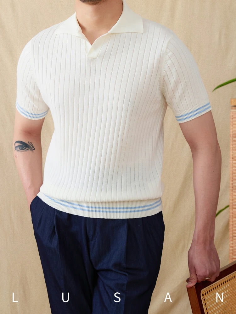 High-End Short-Sleeved Shirt Hanma Cotton Breathable Sunken Stripe Gentry All-Matching Lapel T-shirt Trendy Men
