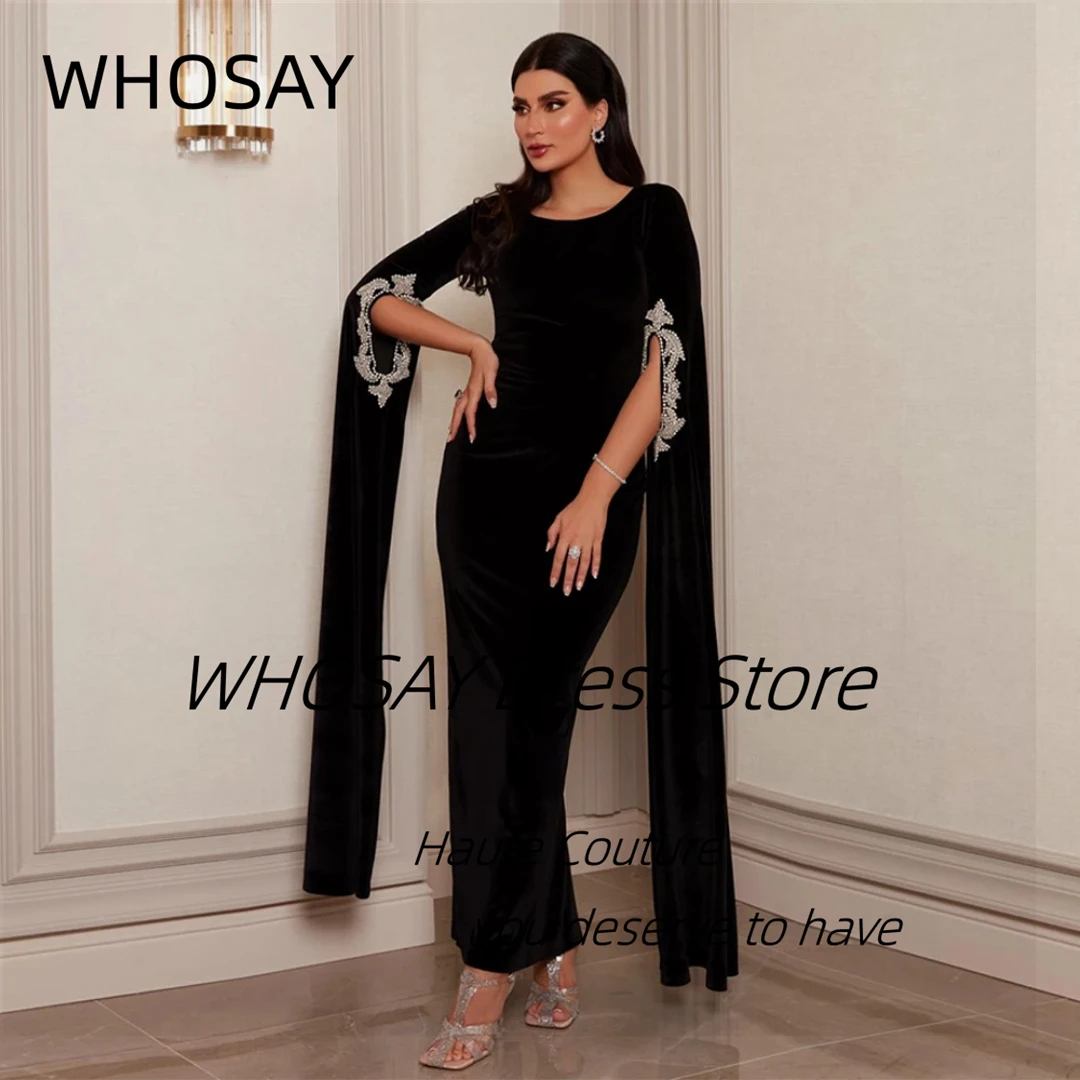 

WHOSAY Индивидуальное вечернее платье в Саудовской Аравии, расшитое бисером и длинными рукавами, черные вечерние платья до щиколотки, платья для выпускного вечера для особых случаев