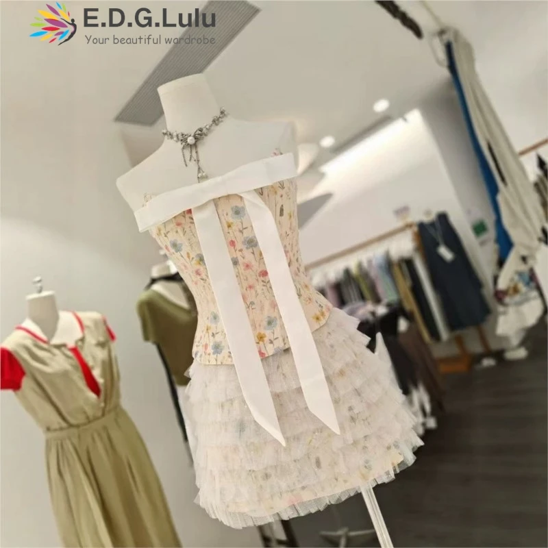 EDGLuLu 2026 New Sweet Square Collar Bow Splice Floral Top +Cake Skirt 2 Piece Set Women Cute Girls Matching Outfit 0419