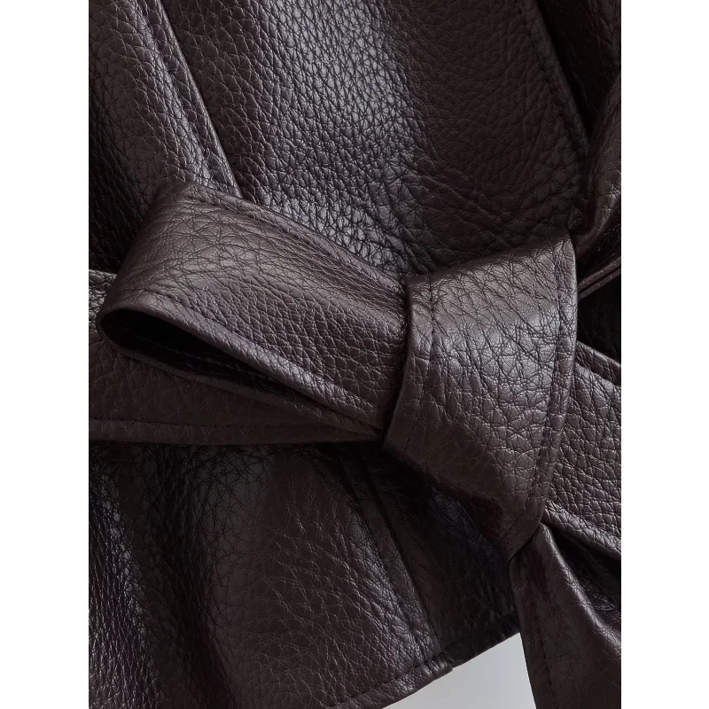 2026 Herbst Winter Damen Hochgeschlossene Kunstlederjacke Langarm mit Gürtel Vintage Streetwear Lässiger Damen-Oberbekleidungsmantel – Detail 11