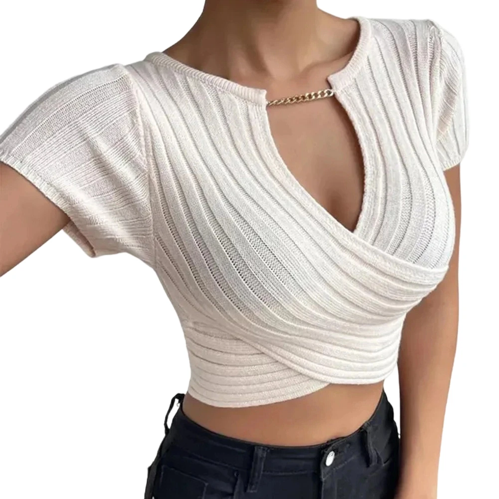 Black Crossover V-neck Black White Blue Crop T-shirts Crossover Chain Detail Tee Polyester Fabric Short Sleeve Y2k Style