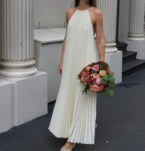 

Summer 2025 Backless Hanging Neck Sexy Straight Pleated Skirt for Women, Elegant Sleeveless A-Line Backless Hanging Neck Dress