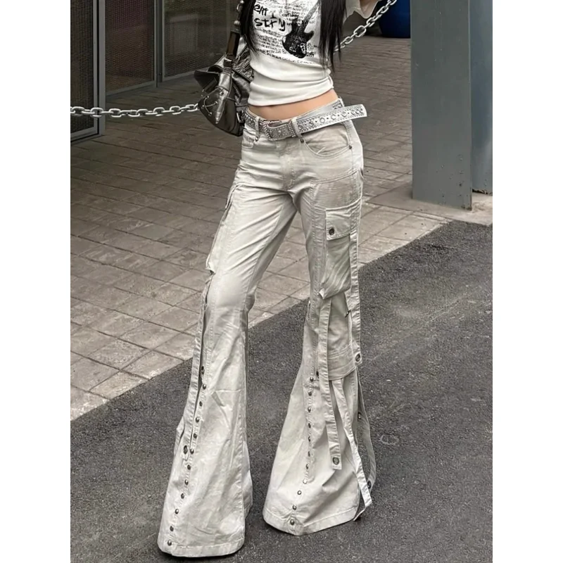 Damskie spodnie cargo z szerokimi nogawkami w stylu Y2k, japońskim designie Harajuku, z niskim stanem, dżinsowe, w stylu goblinów, dzwonkowe, długie spodnie dżinsowe punkowe z lat 2000.