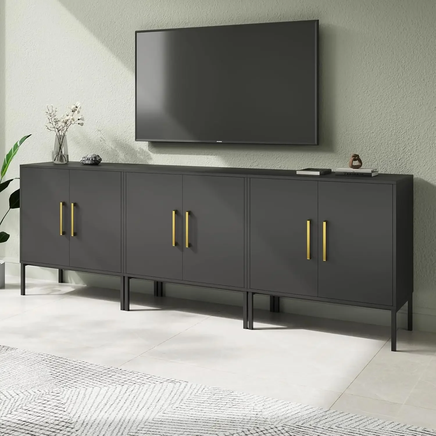 LYNSOM Set di 3 armadietti accentati con ante e ripiano regolabile, credenza moderna indipendente per buffet